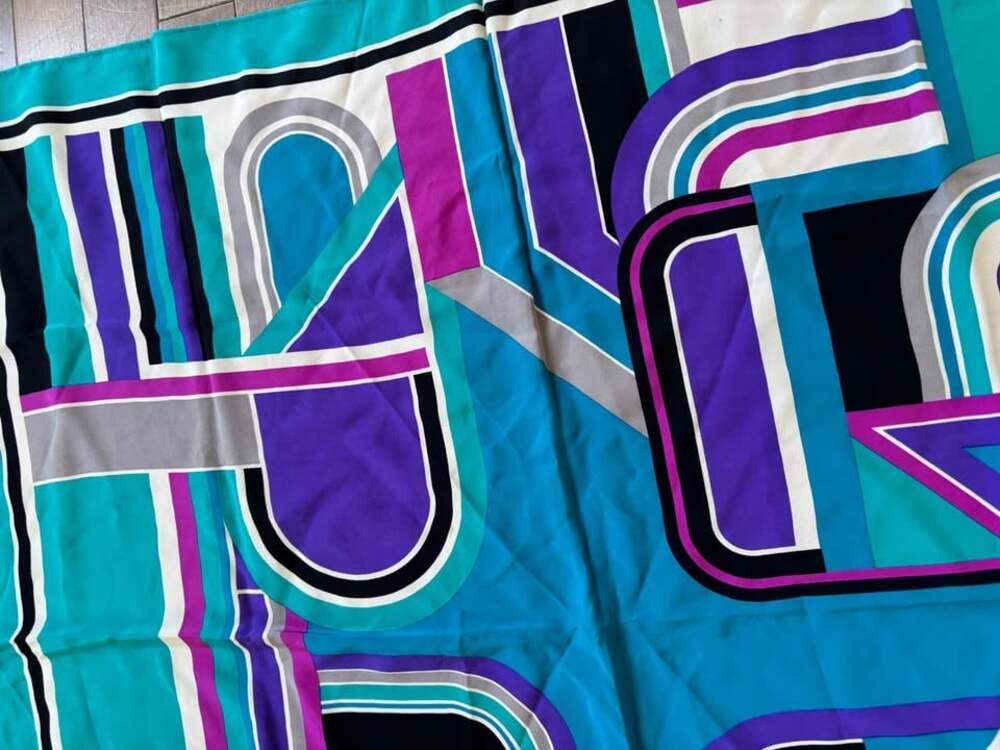 Vintage Juliana Ray 100% Silk Geometric Scarf | Teal Purple Abstract Mod - Picture 3 of 8